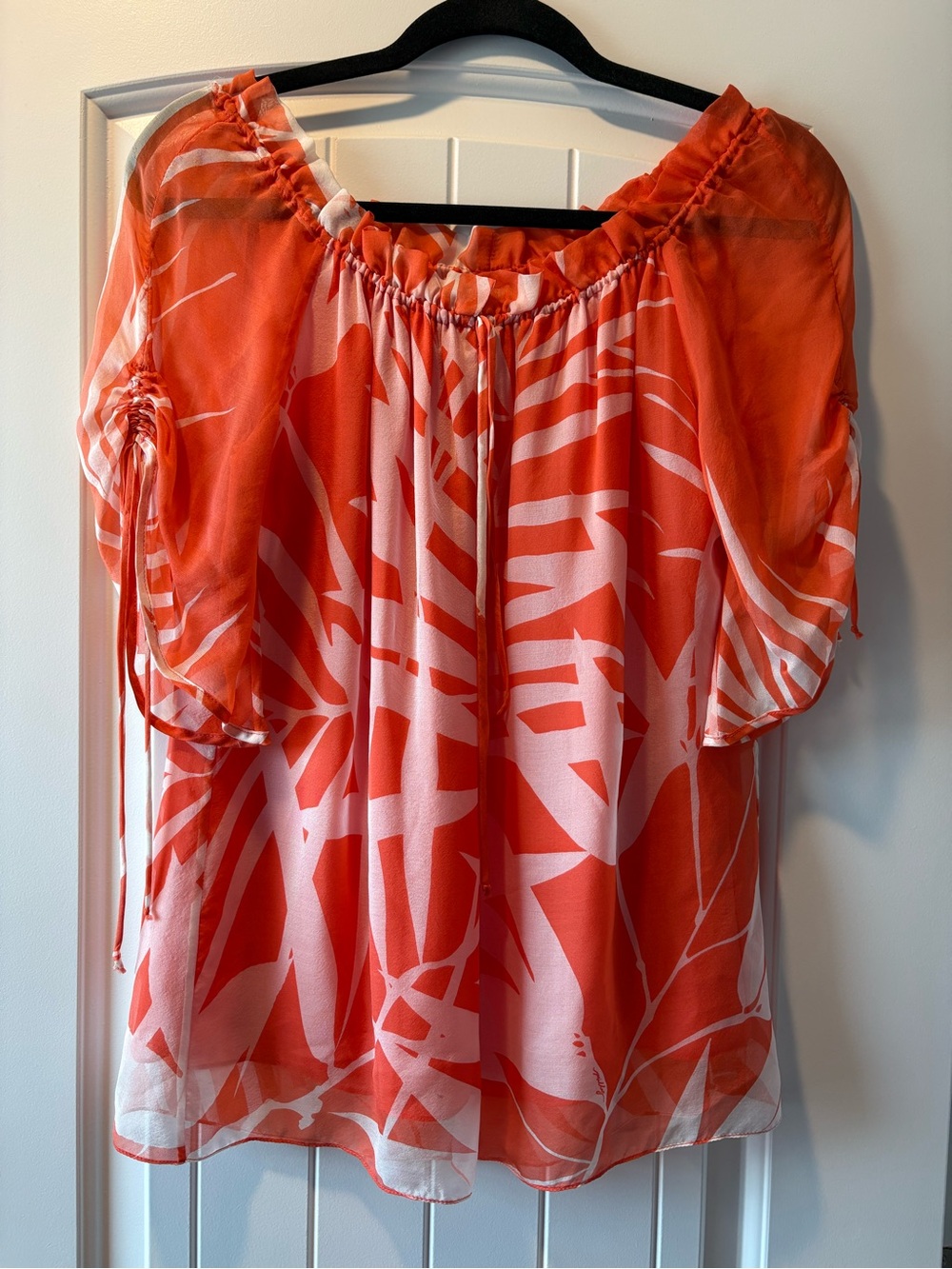 Milly of NY Orange Abstract 100% Silk Peasant Blouse, Drawstring Sleeve SZ4